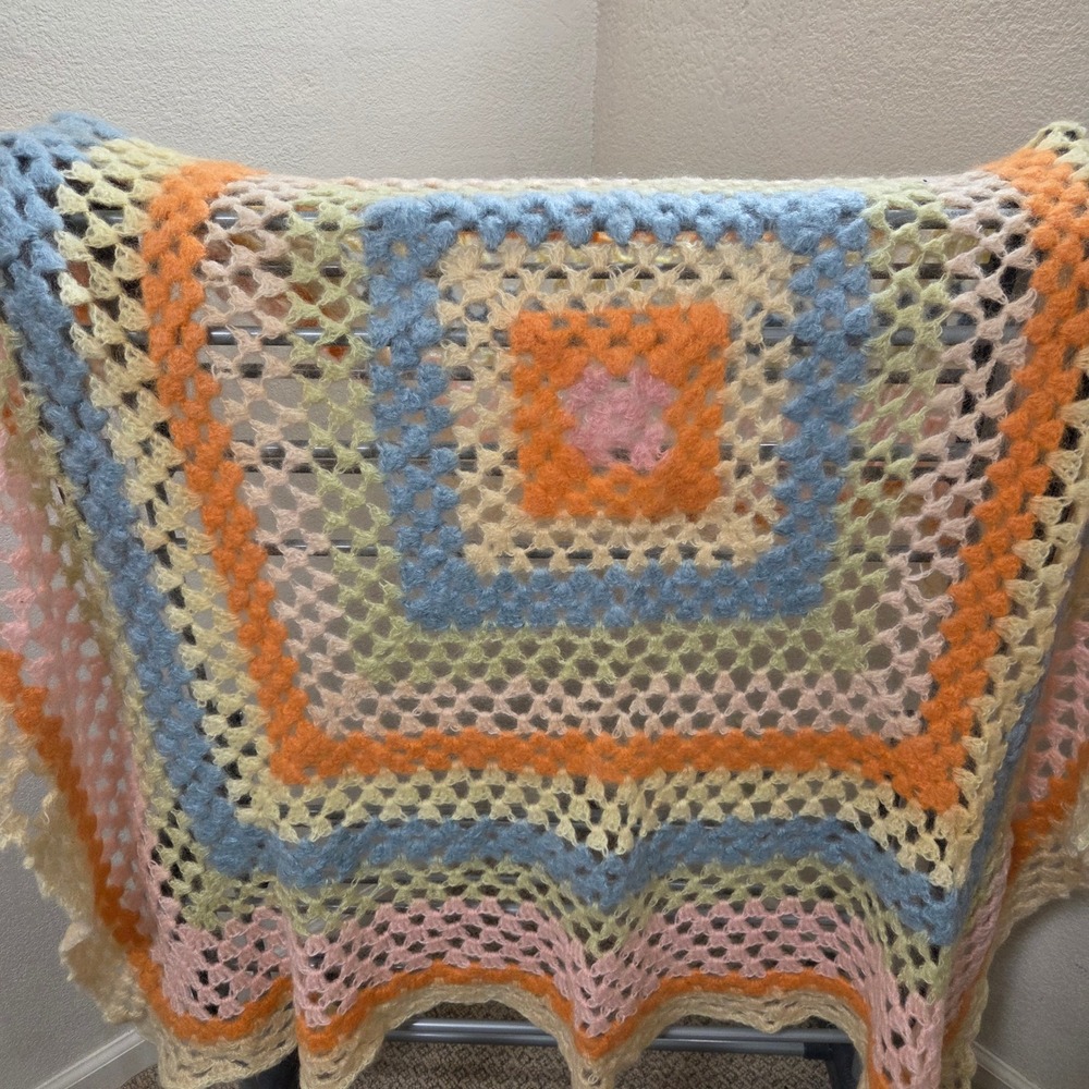 Vtg Mohair Handmade Crochet Granny Square Afghan Blanket Pastel Multicolor 60x60